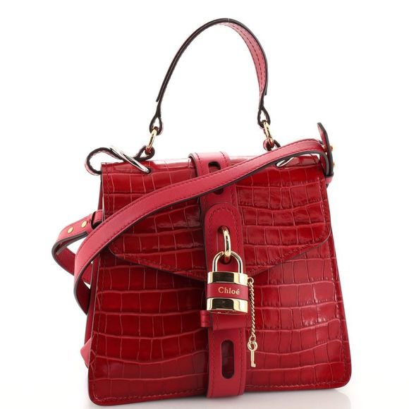 Chloe Aby Day Bag Crocodile Embossed Leather Small Red - Picture 2 of 6